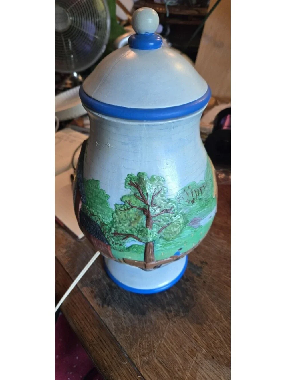 Vintage 1982 Table Lamp Ceramic Apothecary Jar Rustic Farm Barn Scene 13”TX8